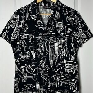 Onque Casuals Vintage European City Landmark Print Short Sleeve Button Up Shirt